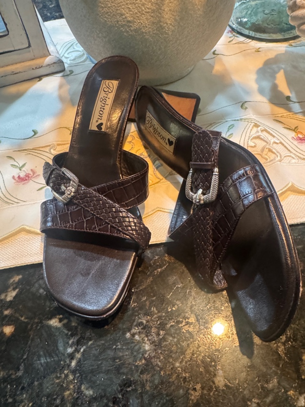 Brighton Brown Croc-Embossed Buckle Slide Mules